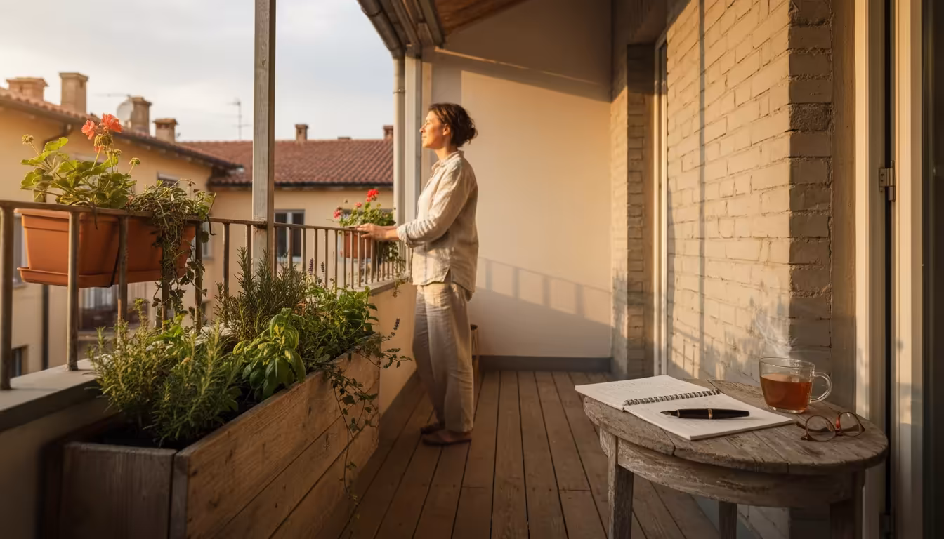 Person on a balcony plans cold frame placement, gazing at a wall next to container herbs; a sketch and acrylic sample sit on a table.