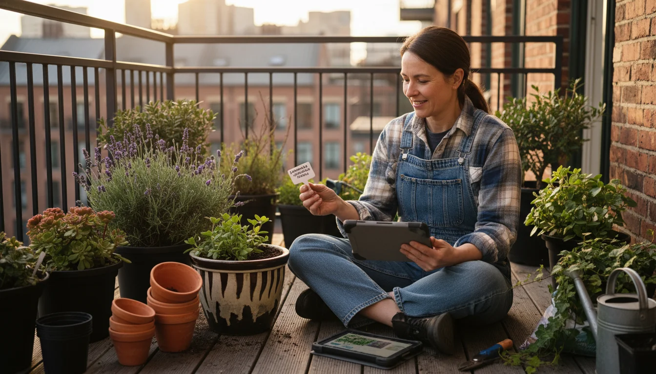 A person on a balcony examining a plant tag while looking at a gardening app on a tablet, surrounded by potted perennials.