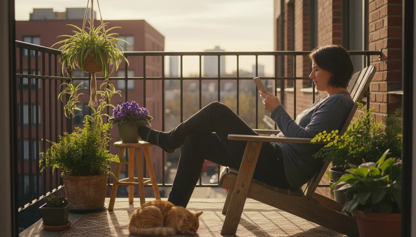 Person on balcony reading on tablet surrounded by pet-safe container plants and a sleeping cat, in soft afternoon light.