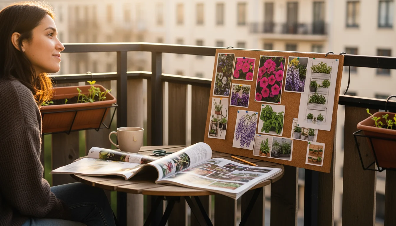 Person on a balcony sits at a table with open seed catalogs, gazing at a cork board collage of container plants and vertical garden designs.