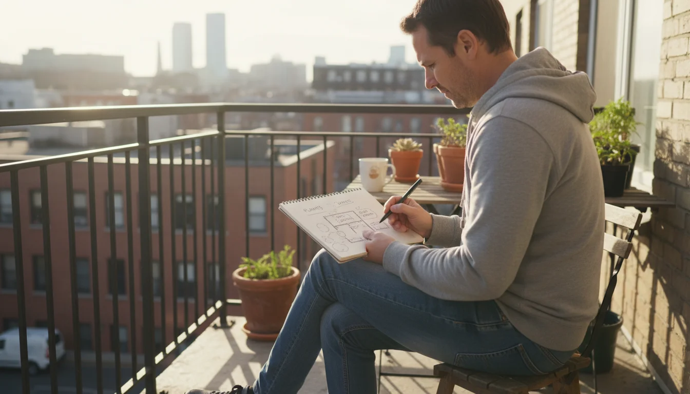 A person on a balcony sketches a layout in a notebook, surrounded by container plants and soft sunlight.