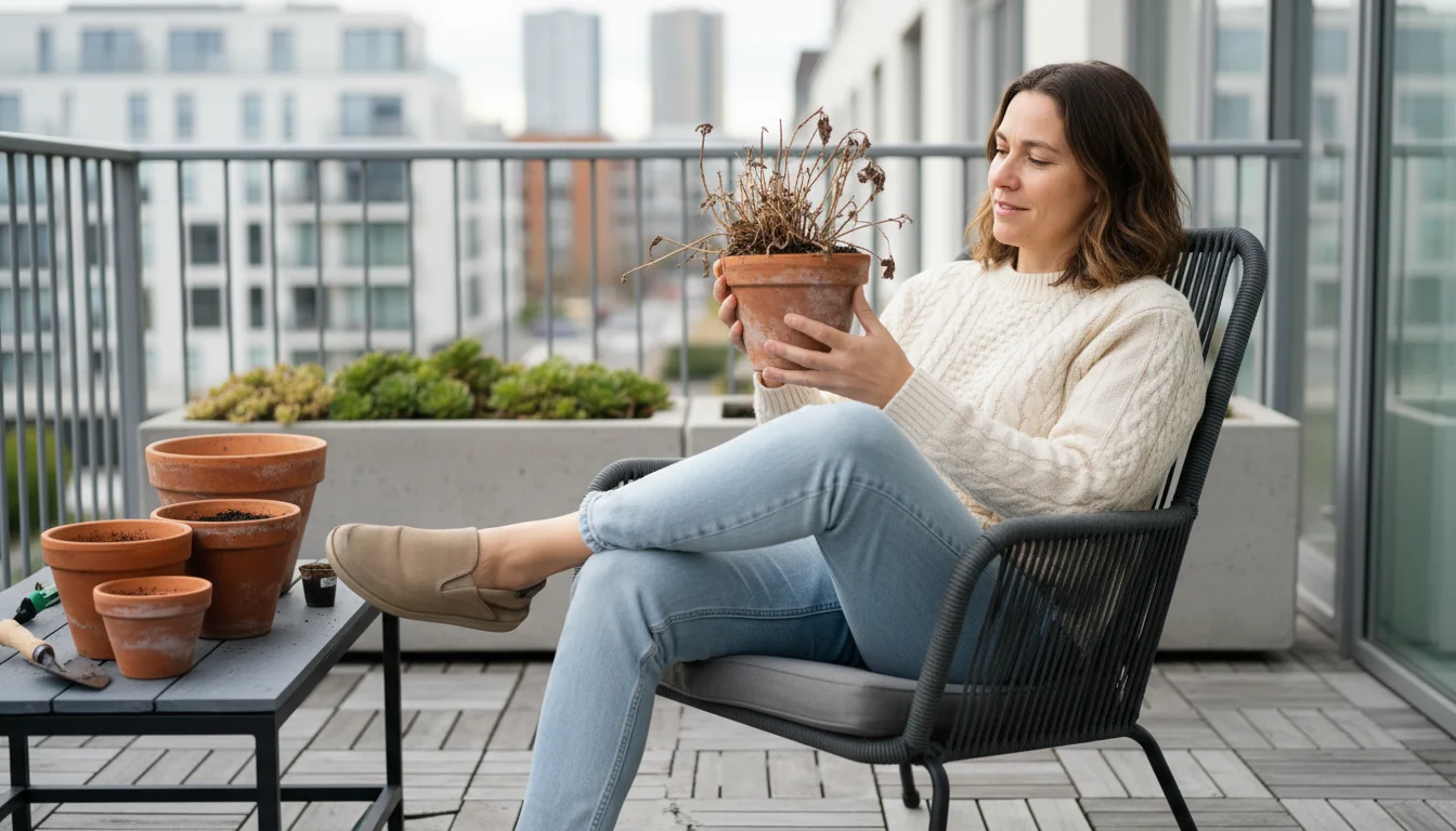 A person on a balcony thoughtfully examines a dormant plant in a terracotta pot, surrounded by other winterized container plants.