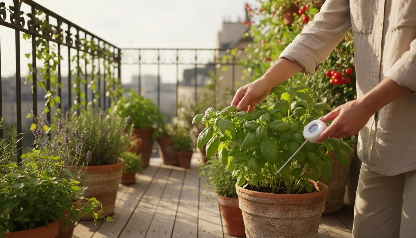Person on balcony gently touches basil, holding a compact soil moisture meter amidst container plants in warm, golden light.