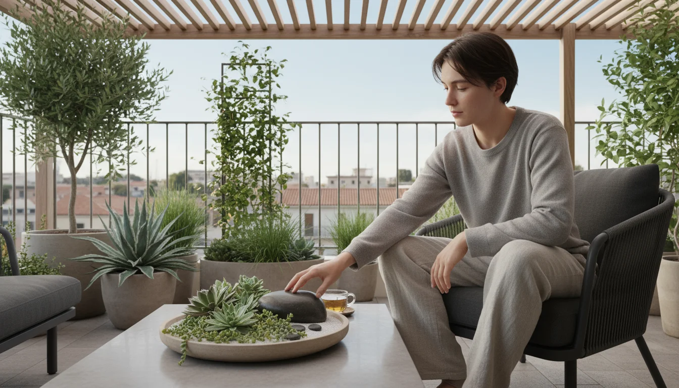 Person on a balcony gently touches a river stone, contemplating a minimalist succulent garden amidst container plants.