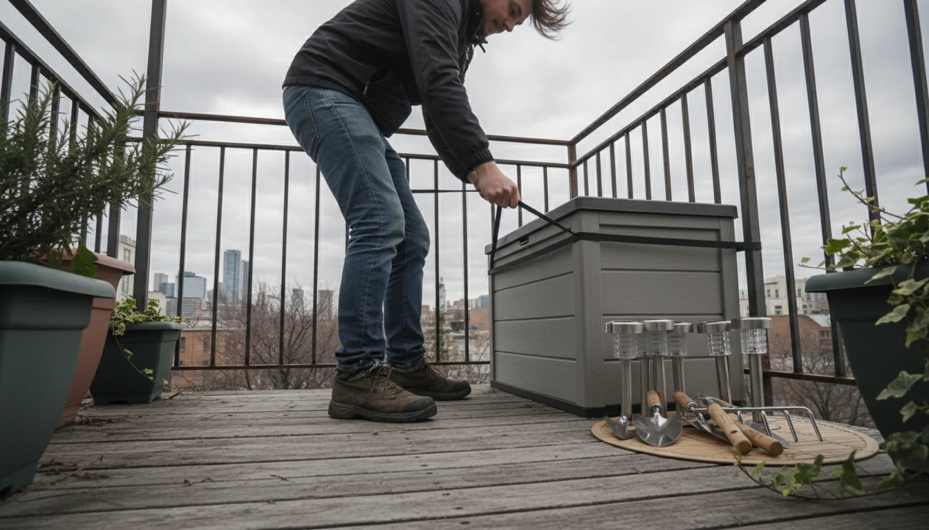 Person on balcony tying down a grey storage box with a bungee cord; gathered solar lights, tools nearby, and an unhooked wall planter ready for remova