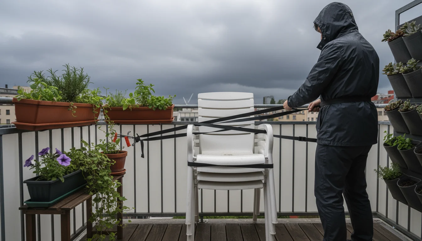 Person on a balcony tying stacked patio chairs to a railing with bungee cords, surrounded by container plants under an overcast sky.