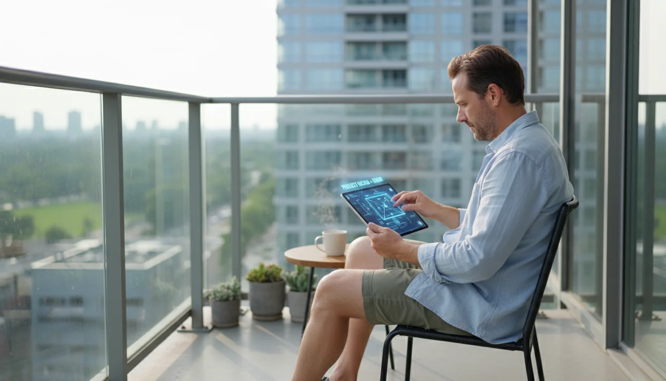 Person on a balcony uses a tablet to plan their garden. The app shows container layouts and drag-and-drop plant icons. Empty pots are in the backgroun