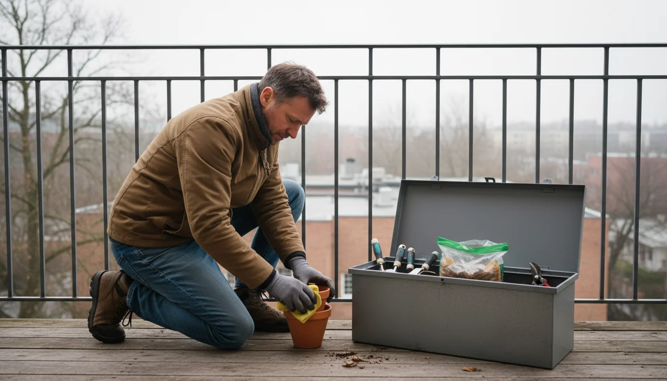 Person on a balcony wiping a terracotta pot, next to an open storage bench with gardening tools and soil, on an overcast autumn day.