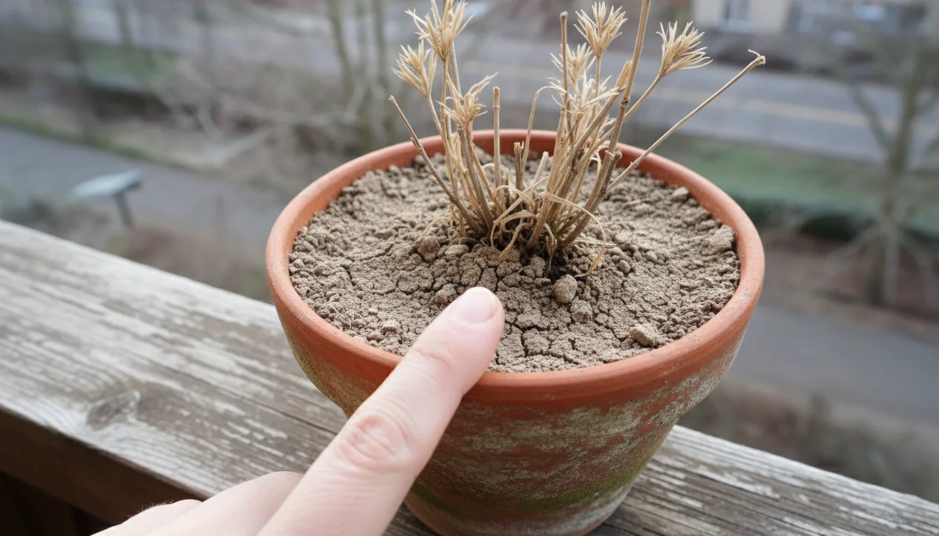 A person's bare finger tests the dry soil in a terracotta pot containing a dormant plant on a wooden balcony.