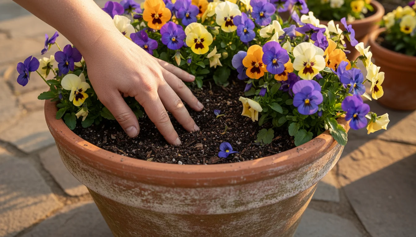 Close-up of a person's bare fingertips checking the soil moisture in a vibrant terracotta pot filled with pansies and emerging spring bulb shoots on a