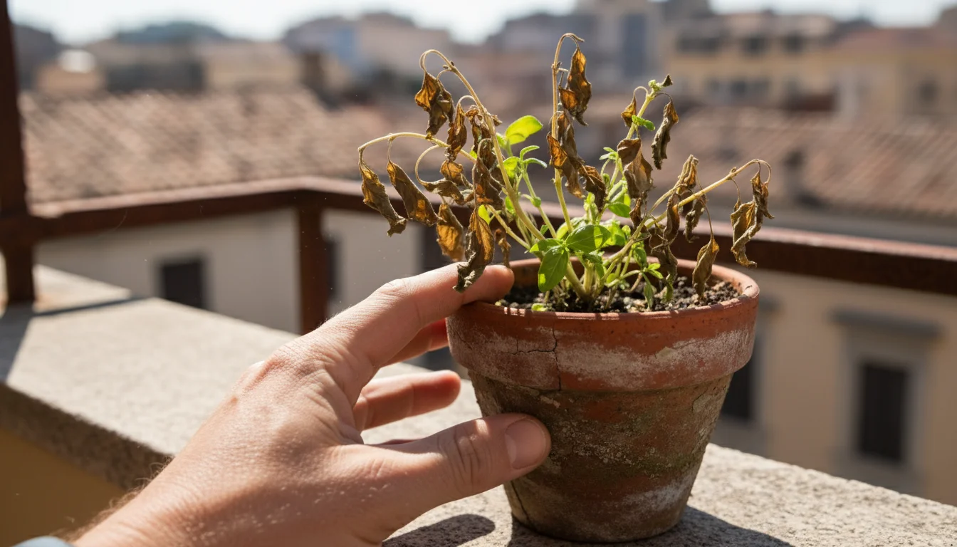 Close-up of a person's bare hand gently assessing heat-stressed basil leaves with crisp brown edges in a terracotta pot on a sunny balcony.