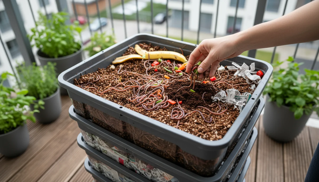 A person's bare hand drops kitchen scraps into an open worm compost bin on a modern urban balcony, surrounded by lush container plants.