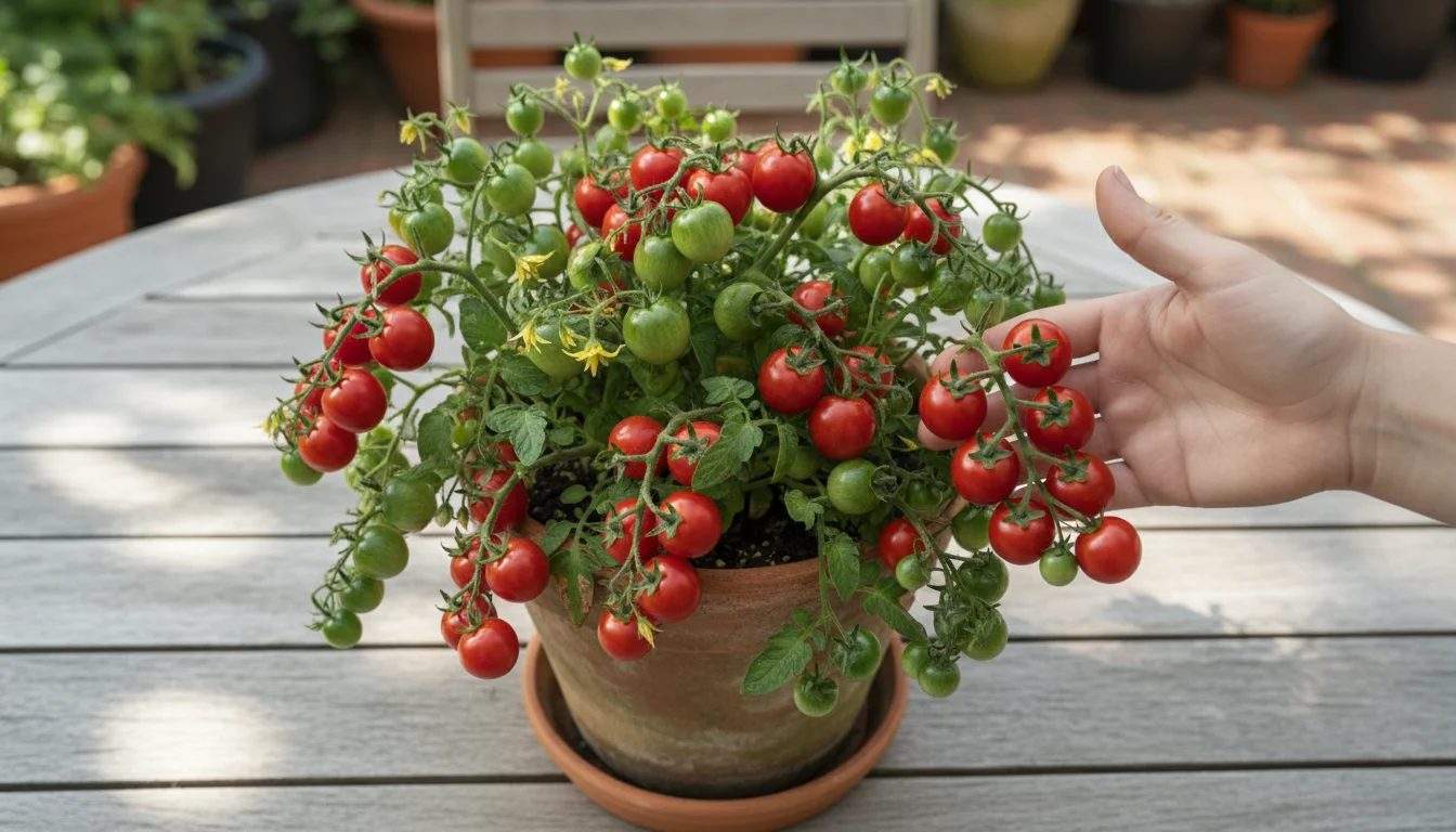 A person's bare hand gently points to ripe red micro-tomatoes on a thriving plant in a terracotta pot on a sunny patio table.