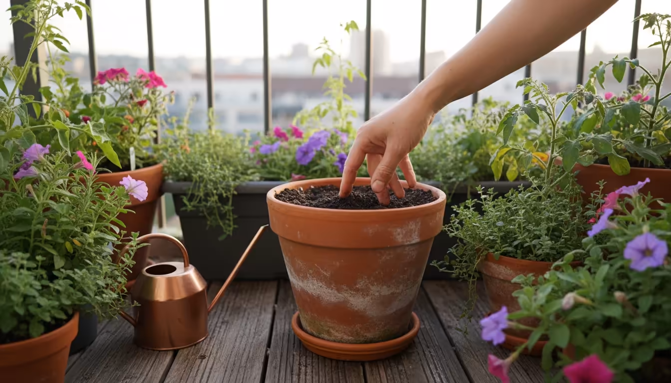 A person's bare hand tests the soil moisture in a terracotta pot on a vibrant urban balcony garden, with a watering can nearby.