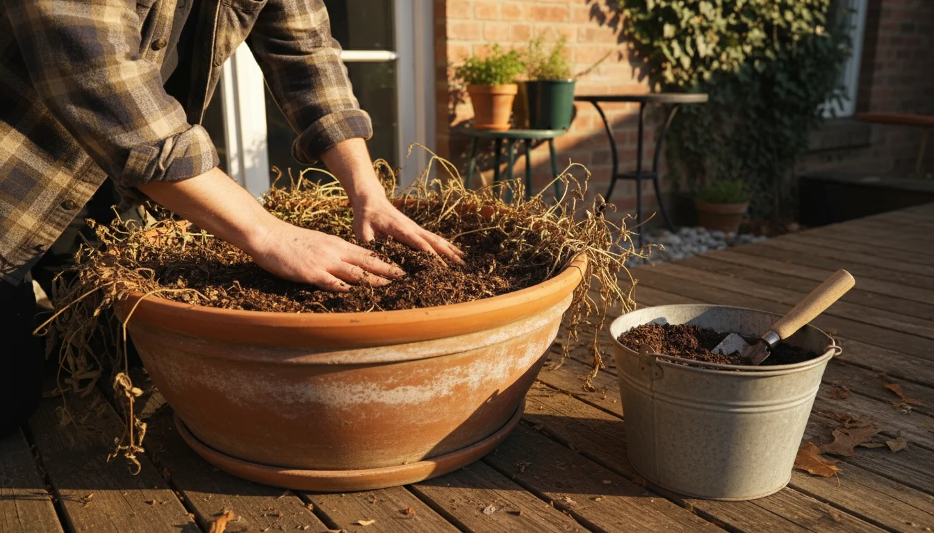 Person's bare hands mixing dark, rich compost and leaf mold into a large terracotta planter on a sunlit urban patio in autumn.