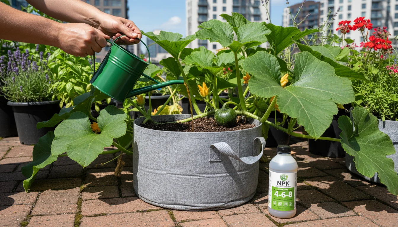 A person's bare hands pour liquid fertilizer from a watering can onto a pumpkin plant in a fabric grow bag on a sunny patio, with a fertilizer bottle