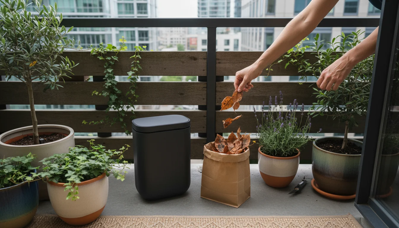 A person's bare hands sorting plant debris on an urban balcony, placing healthy leaves into a compost bin and diseased leaves into a waste bag.