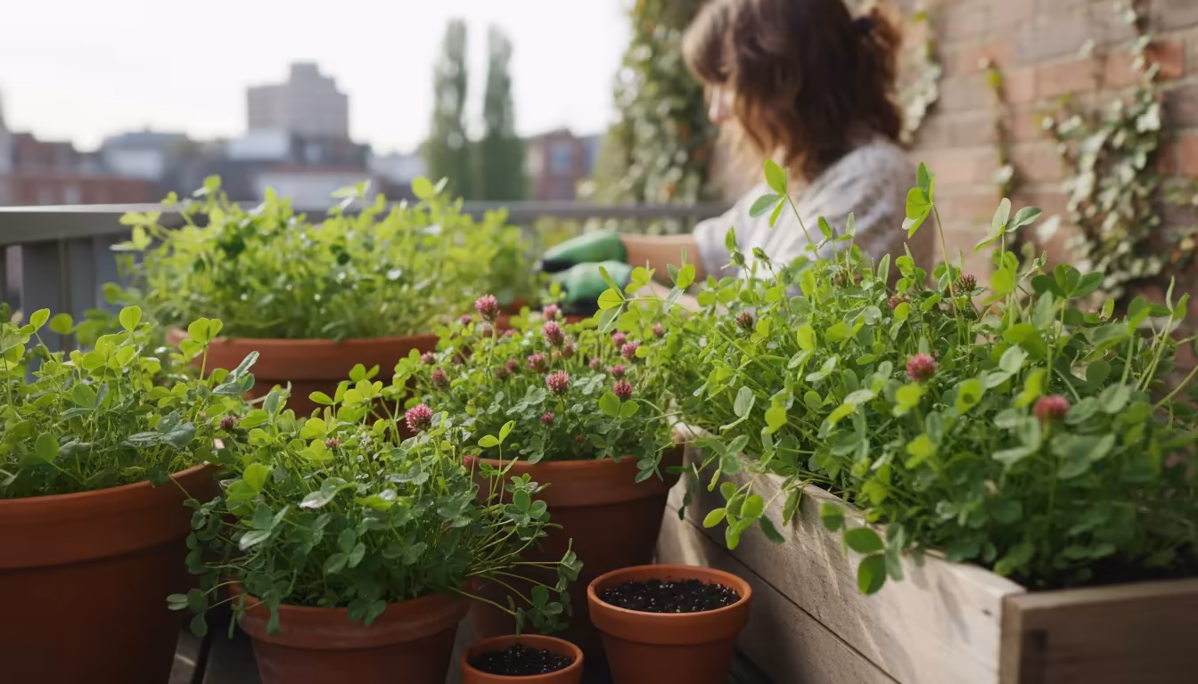 A person's blurry figure observes healthy green cover crops thriving in terracotta pots and a balcony box on a small urban patio.