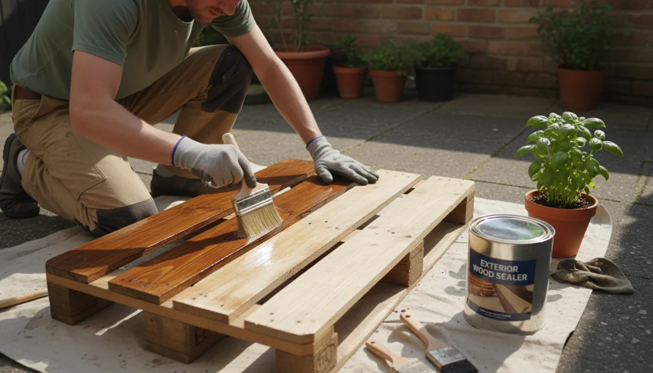 A person brushes clear wood sealer onto a wooden pallet slat on a sunny patio, preparing it for a vertical garden.