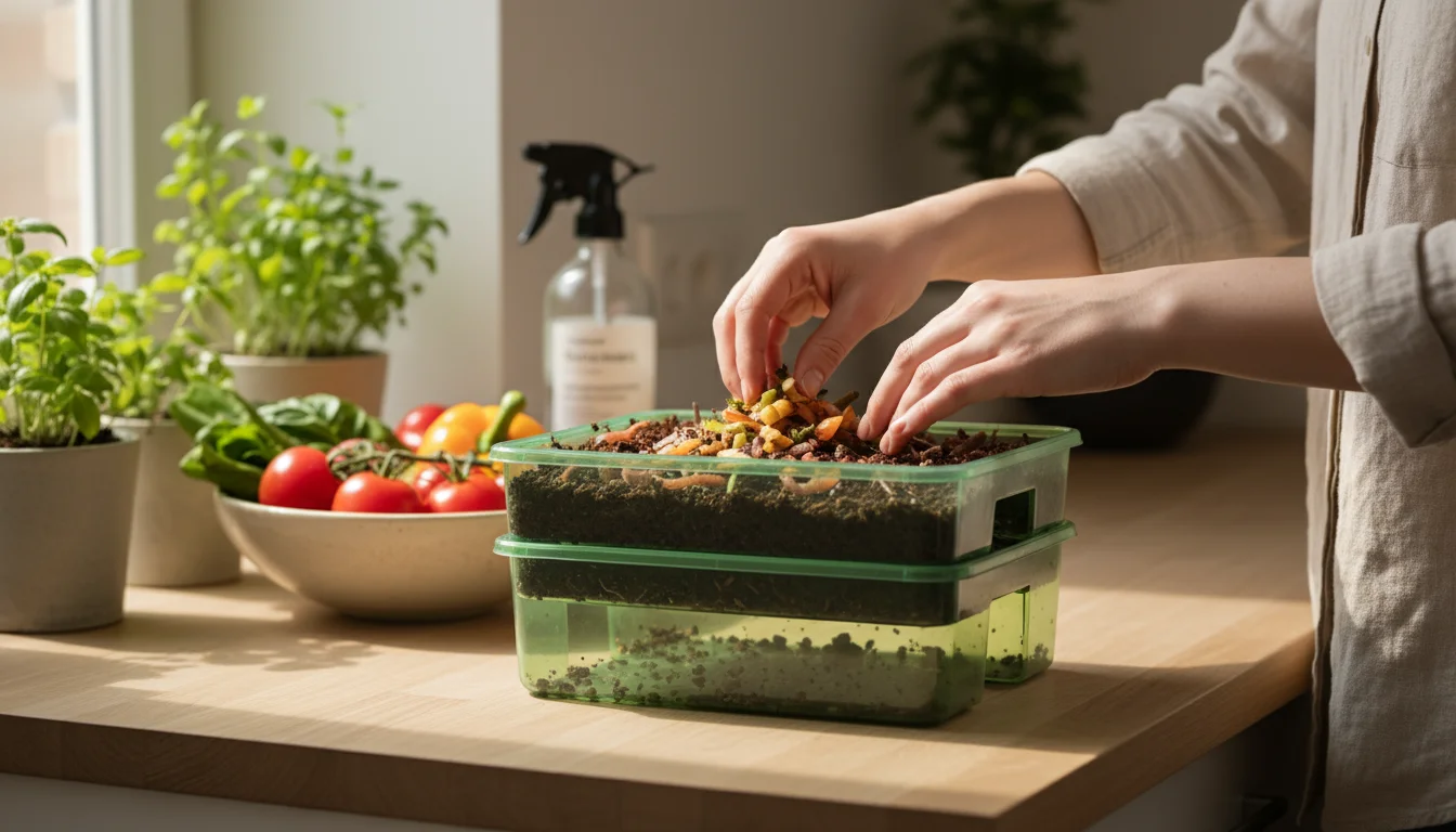 Person burying chopped kitchen scraps into an indoor worm bin on a counter, spray bottle nearby.