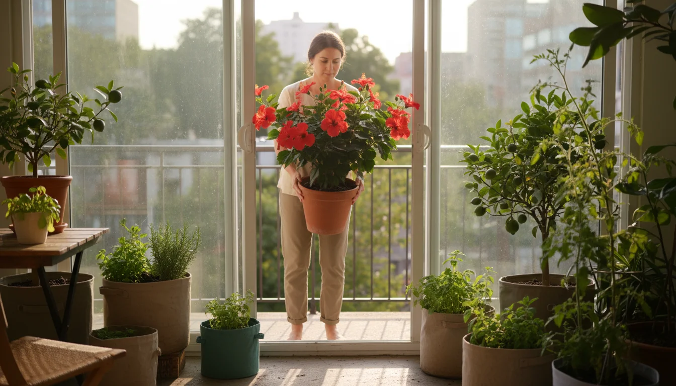 A person carries a large, red hibiscus plant in a pot from indoors onto a sunny urban patio, surrounded by other thriving container plants.