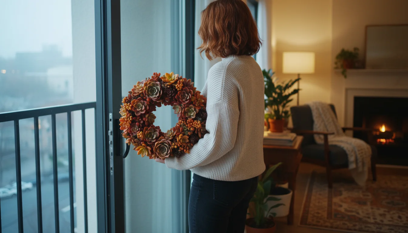 Person carefully carries a lush succulent wreath from a chilly apartment balcony into a warm indoor living space.