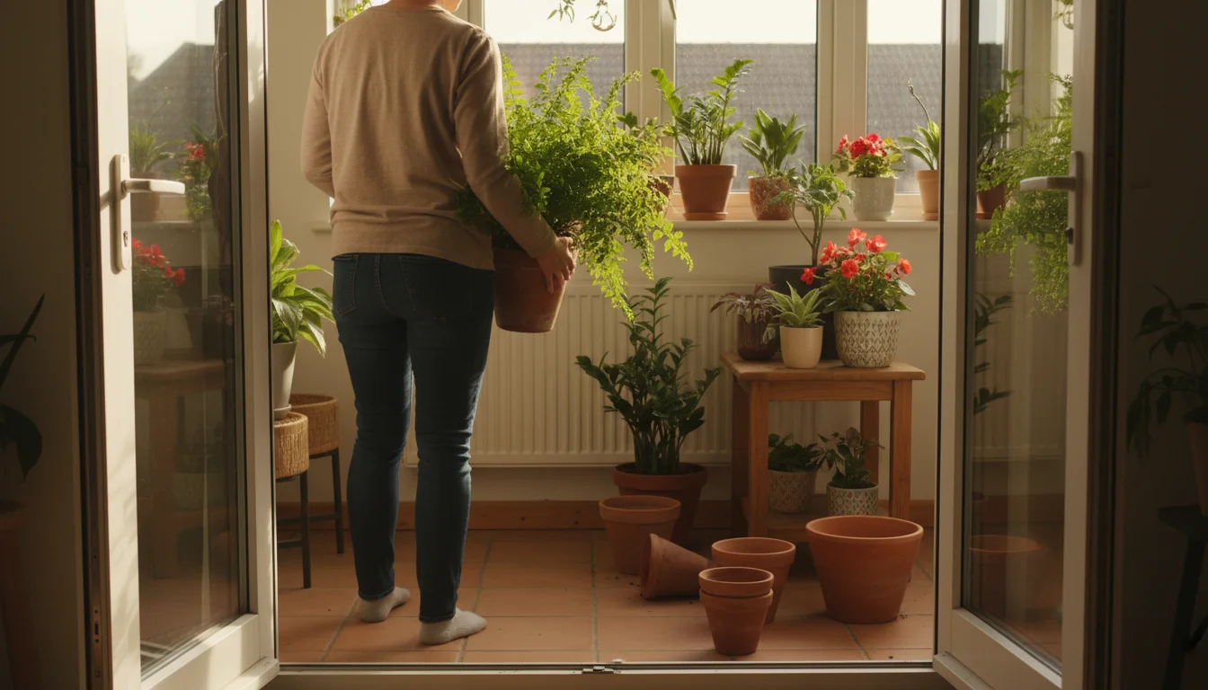 A person carries a potted Boston fern from a sunlit patio through a doorway into a room, with other plants arranged inside.