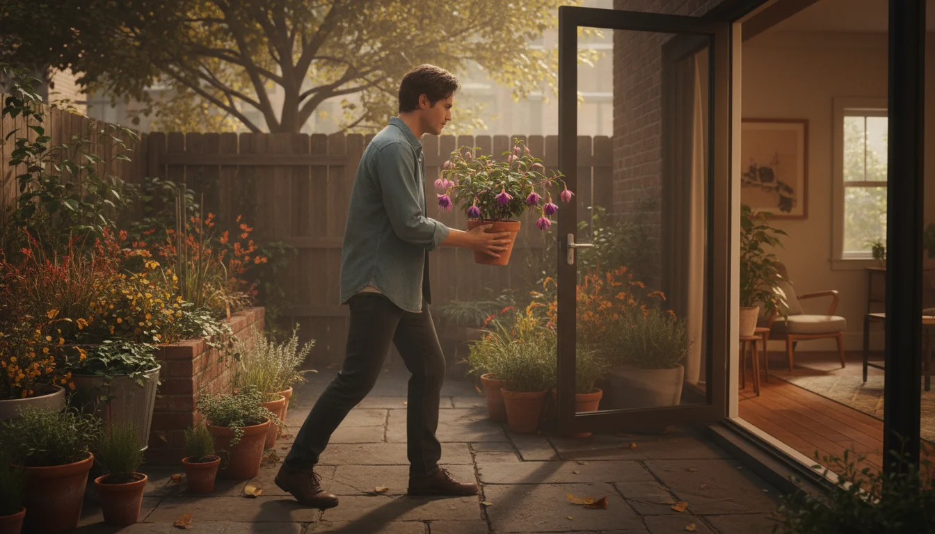 Person gently carries a potted fuchsia plant from an urban patio through an open door into a home during autumn.