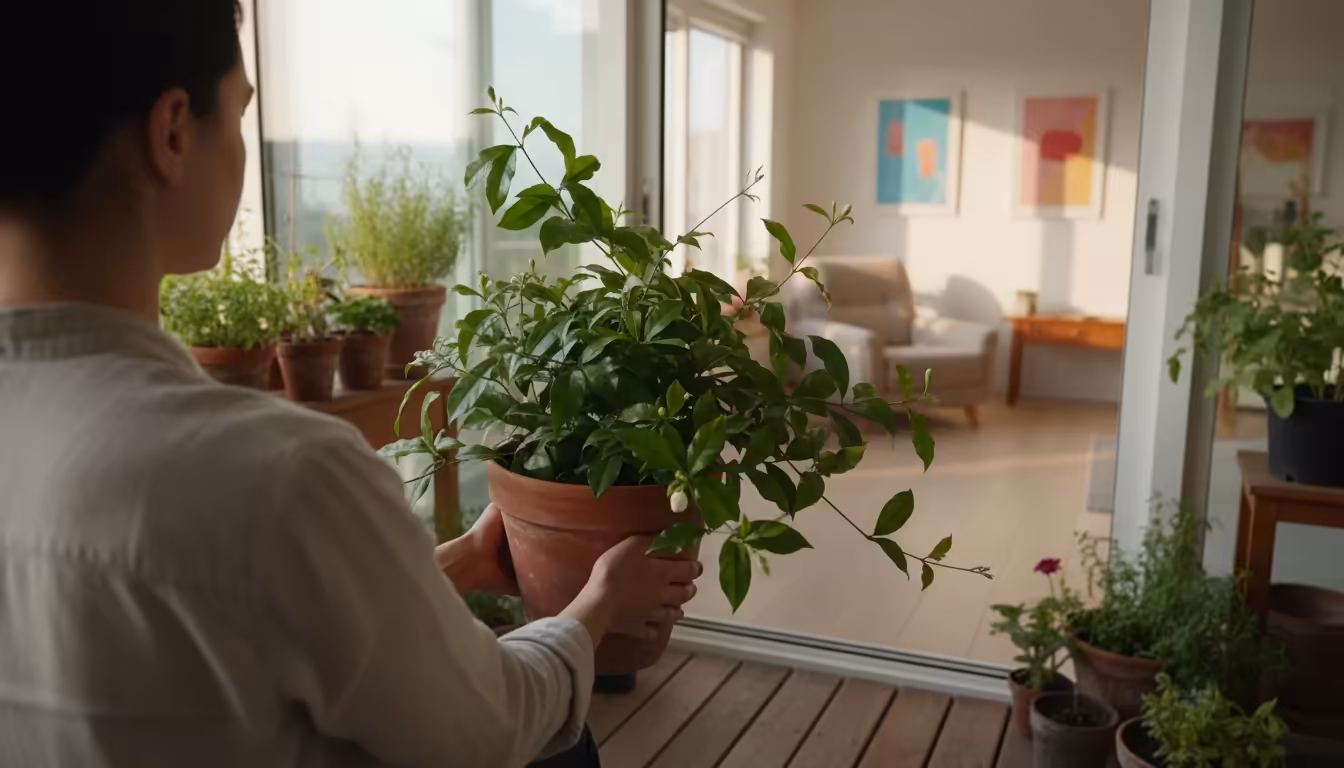 Person carefully carries a potted Night Blooming Jasmine from a small balcony into a sunny indoor space for winter, with other dormant pots outside.