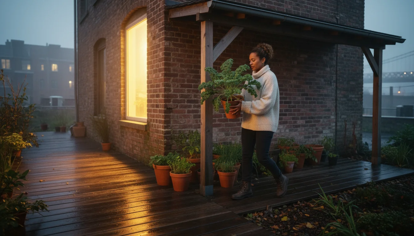 Person carrying a potted kale plant to a sheltered patio corner with other plants, preparing for frost.
