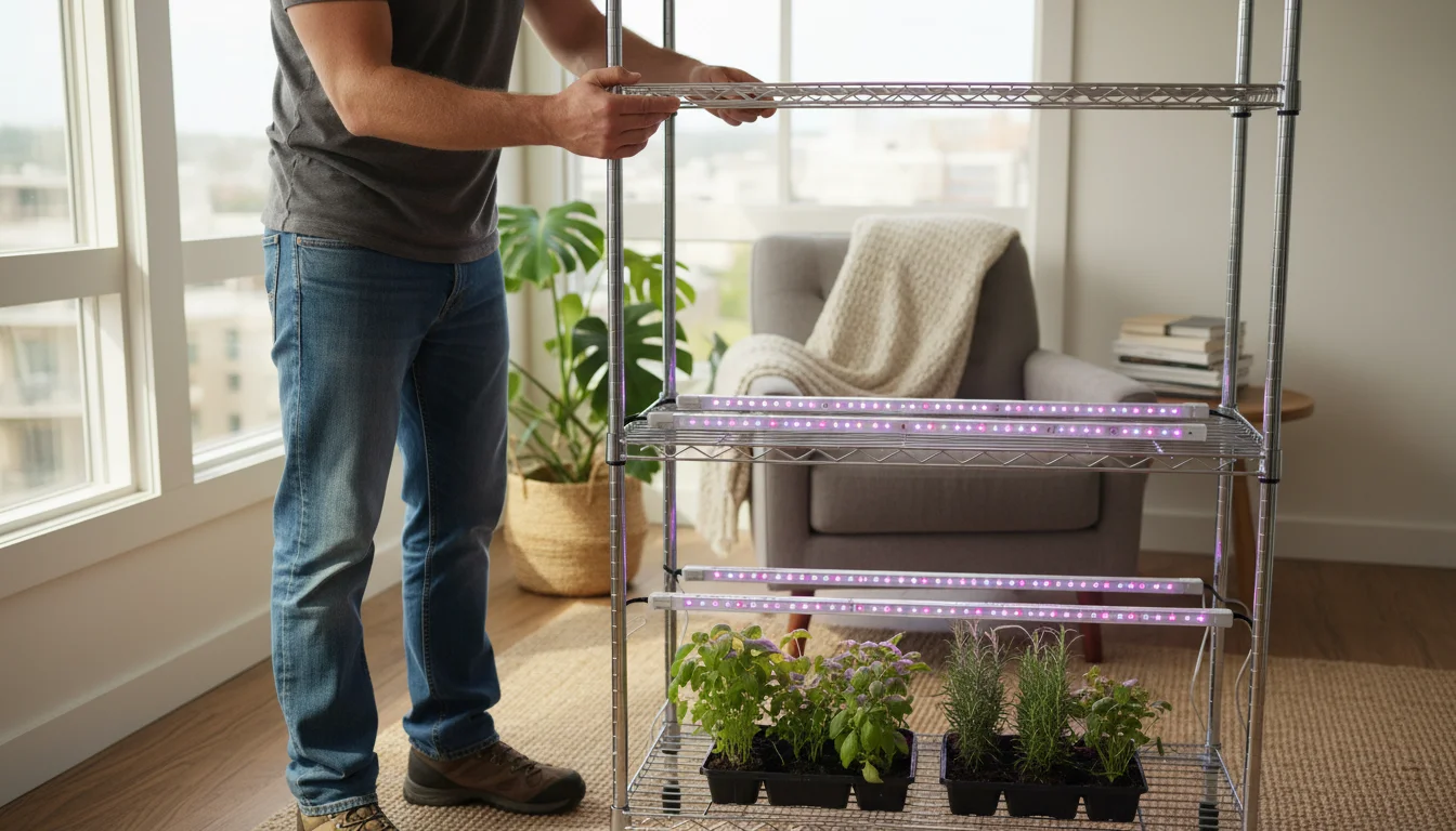 A person in a casual home setting actively slides a chrome wire shelf onto support poles, securing it with a clip. LED light strips are laid out on a