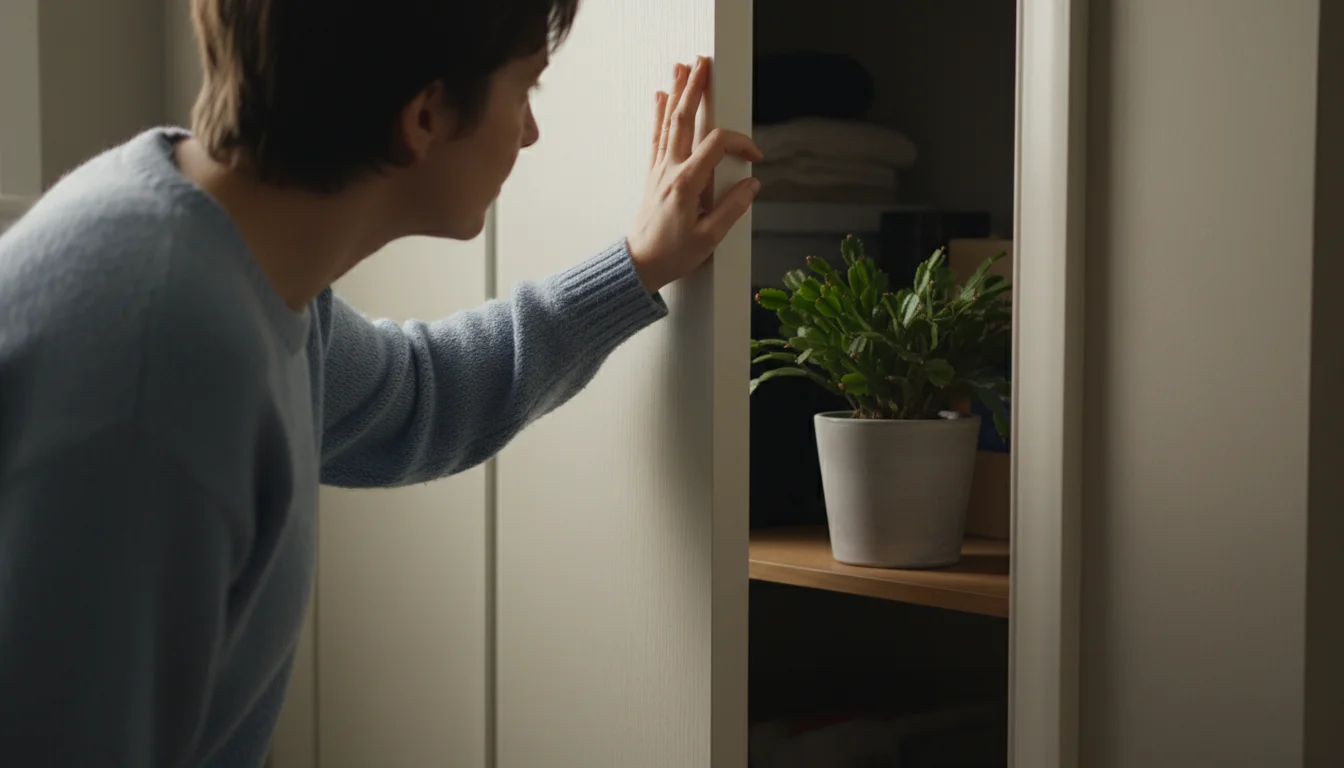 Person checking a potted Christmas cactus inside a partially open closet, illuminated by dim room light.