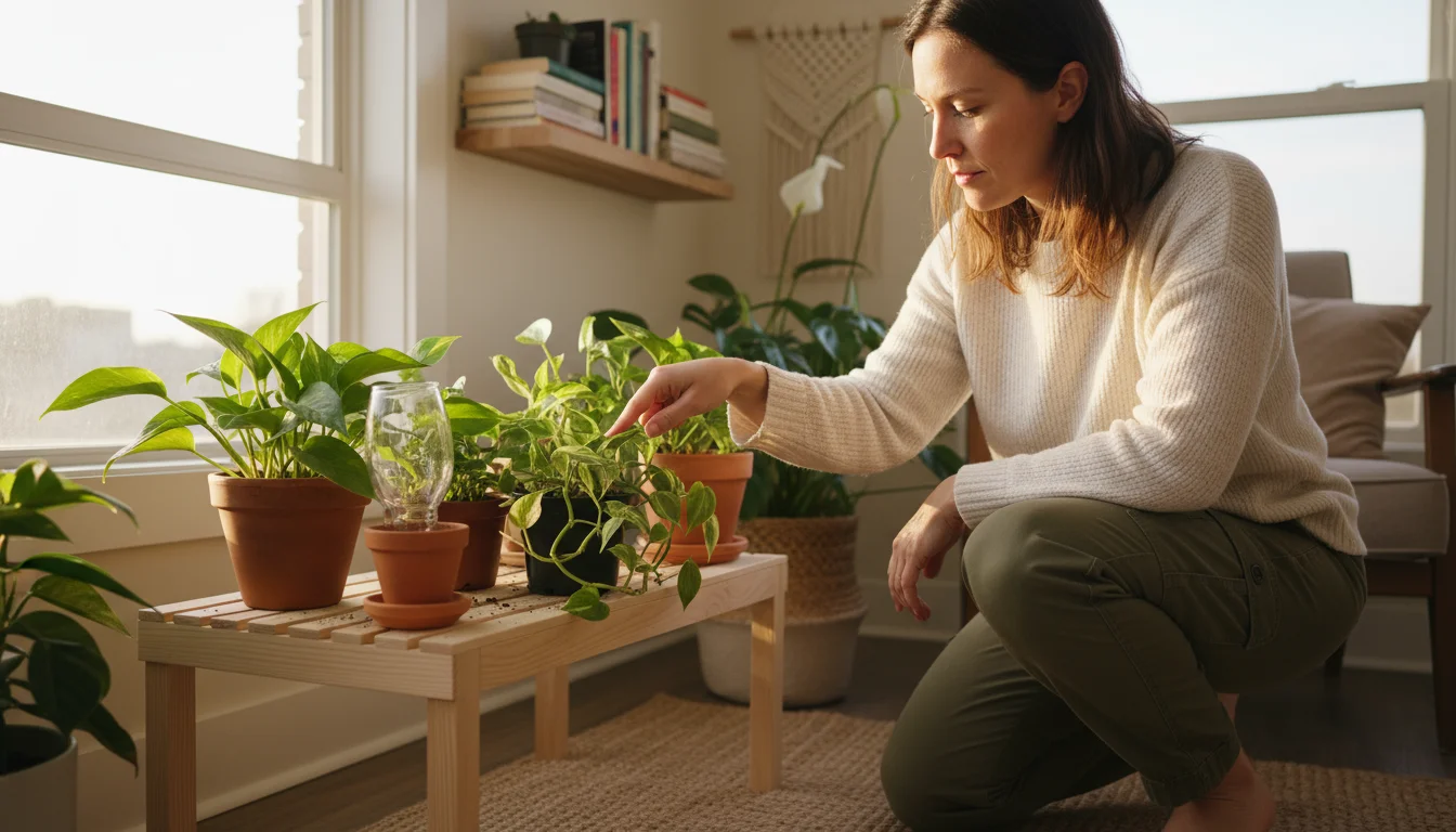 Person checking the soil moisture of a Pothos plant in a cozy apartment, surrounded by various container houseplants.