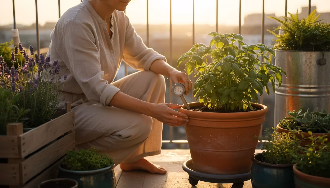 Person checking soil moisture in a terracotta pot on a sunny balcony, with rolling plant caddies, showing strategic placement and watering.