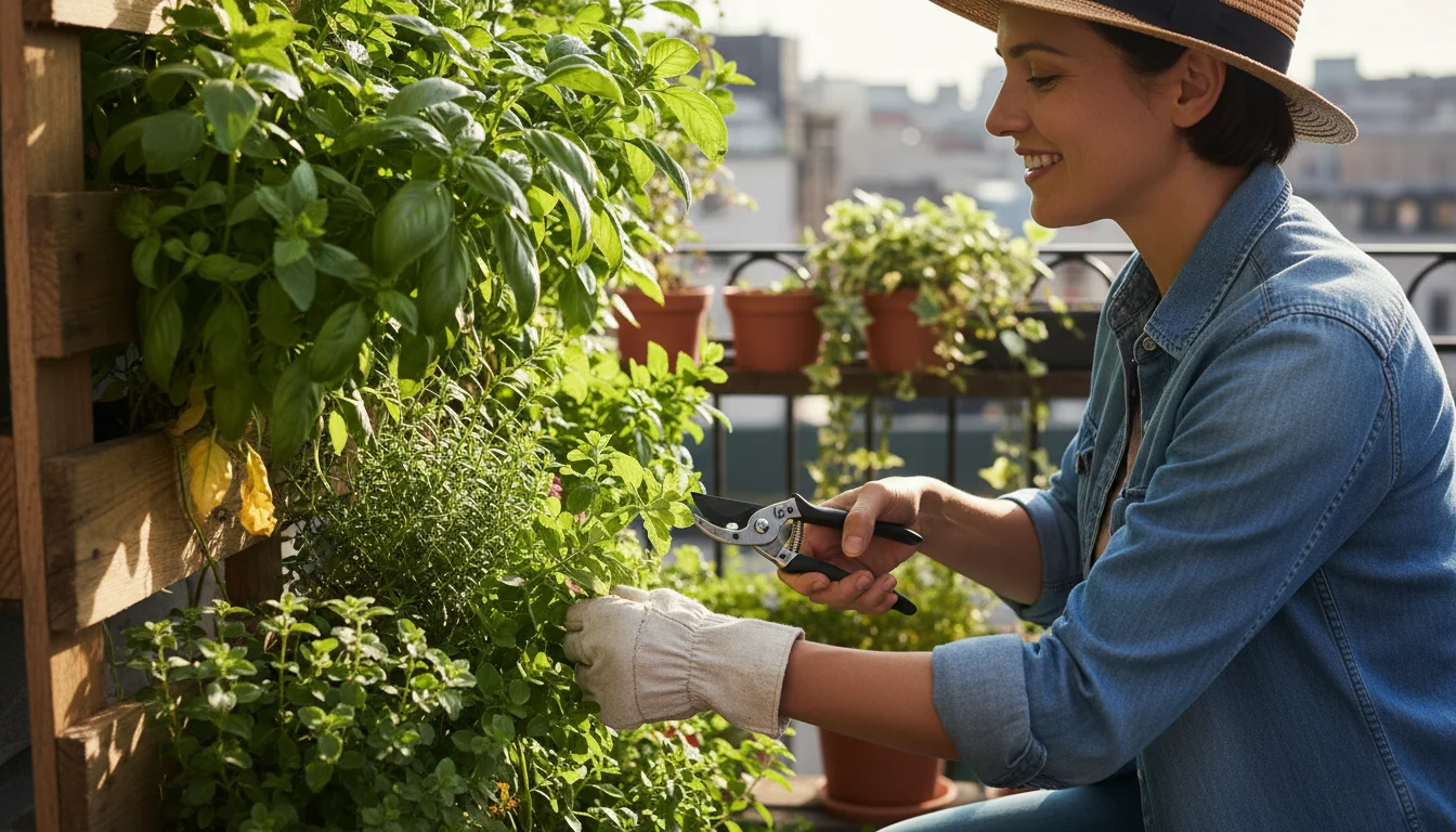 A person with clean pruners carefully trimming a yellowing leaf from a dense vertical herb garden on a sunny balcony, enhancing plant health and airfl