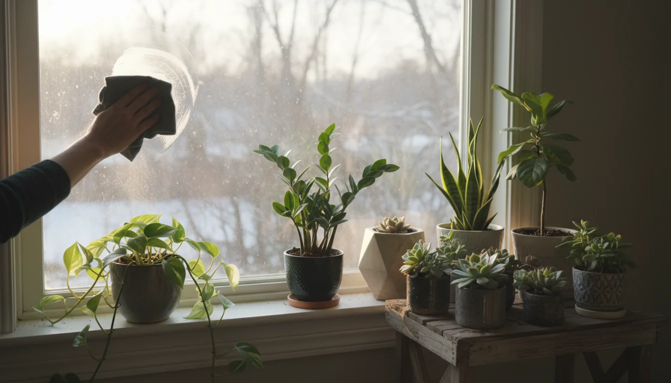 Person cleaning a dusty window overlooking several container houseplants on a windowsill, with soft winter light illuminating the scene.
