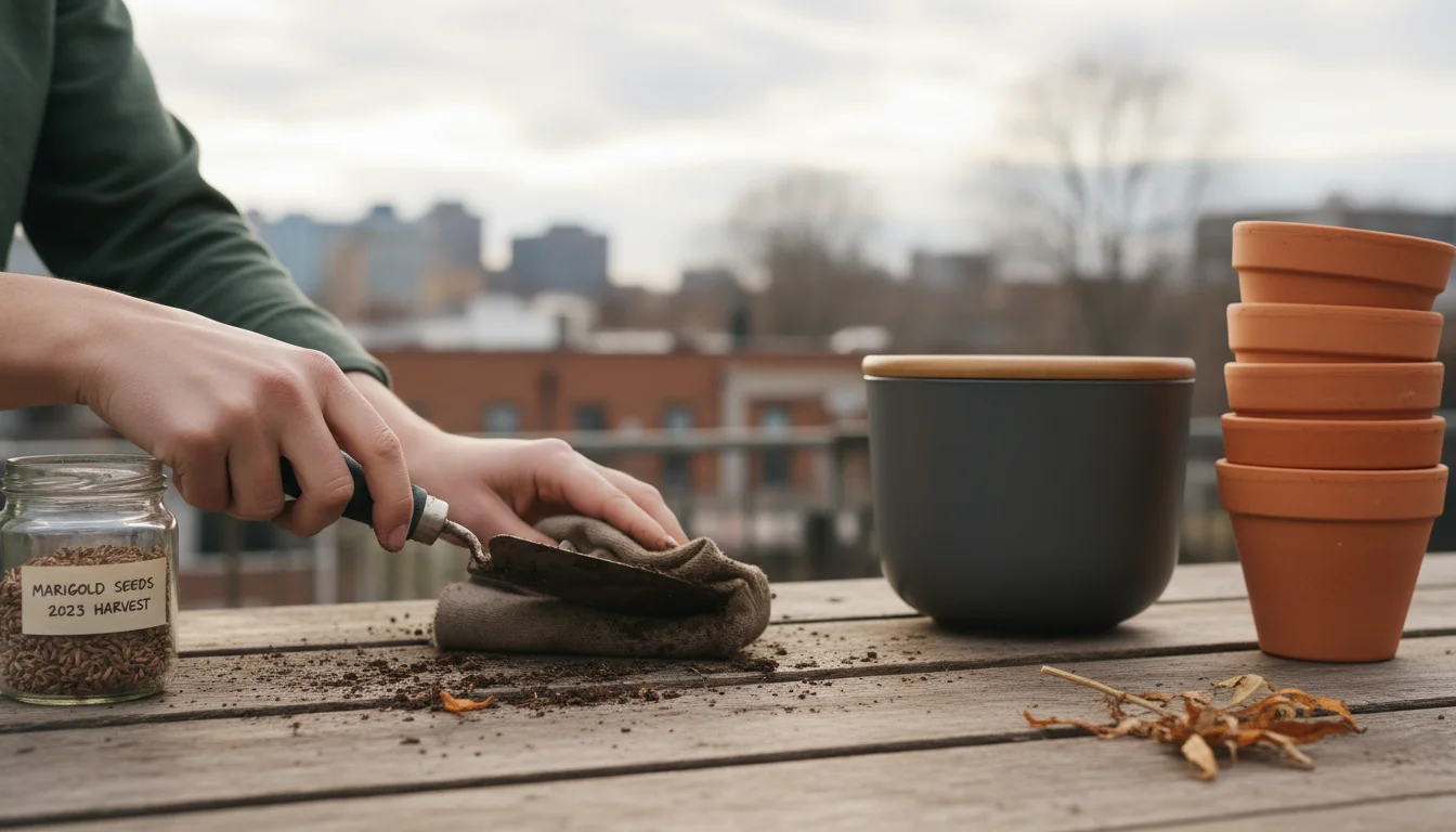 A person cleaning a hand trowel on a wooden table on an autumn balcony, surrounded by stacked terracotta pots, a labeled jar of seeds, and a compost c