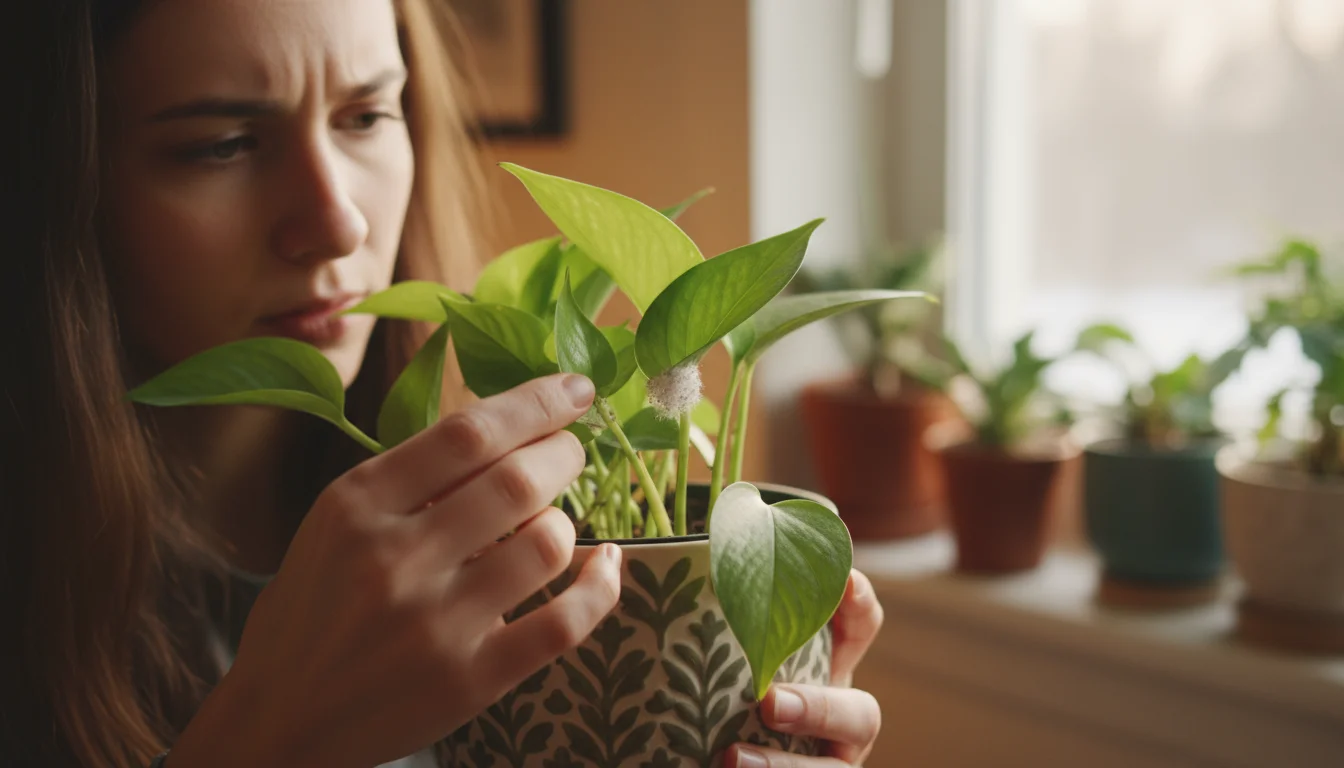 A person closely examines a potted Pothos plant, spotting tiny white mealybugs clustered in a leaf junction under soft light.