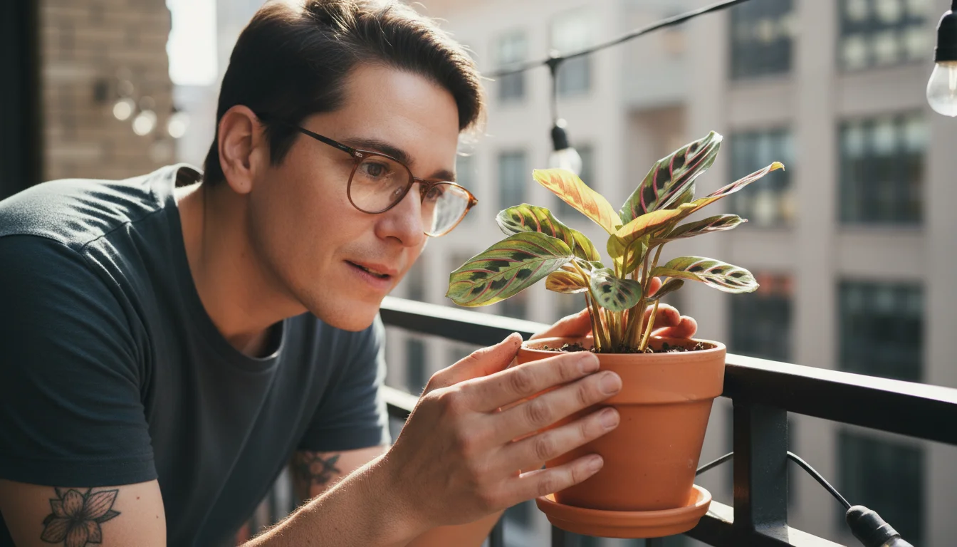 A person closely examines a vibrant green Maranta prayer plant on an urban balcony, noticing a subtle dullness in one of its leaves.