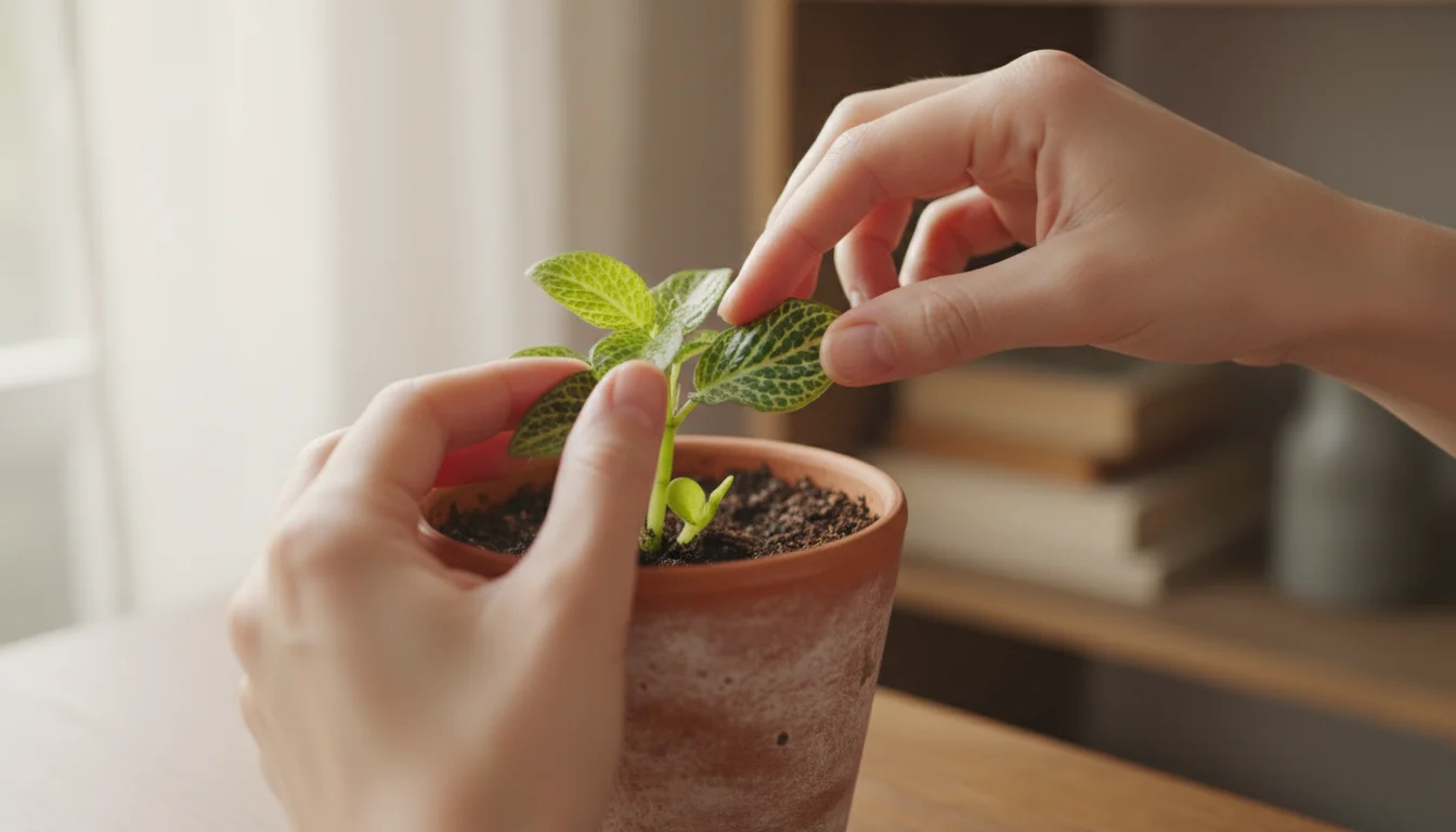 Person closely inspecting the leaves and new growth of a small potted houseplant in a cozy indoor setting.