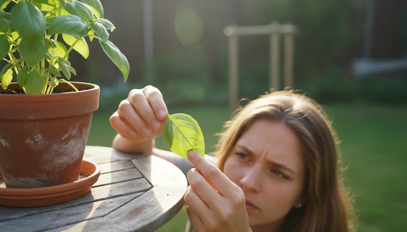 A person closely inspects a bright green basil leaf in a terracotta pot on a small wooden patio table, checking for early pest or disease signs.