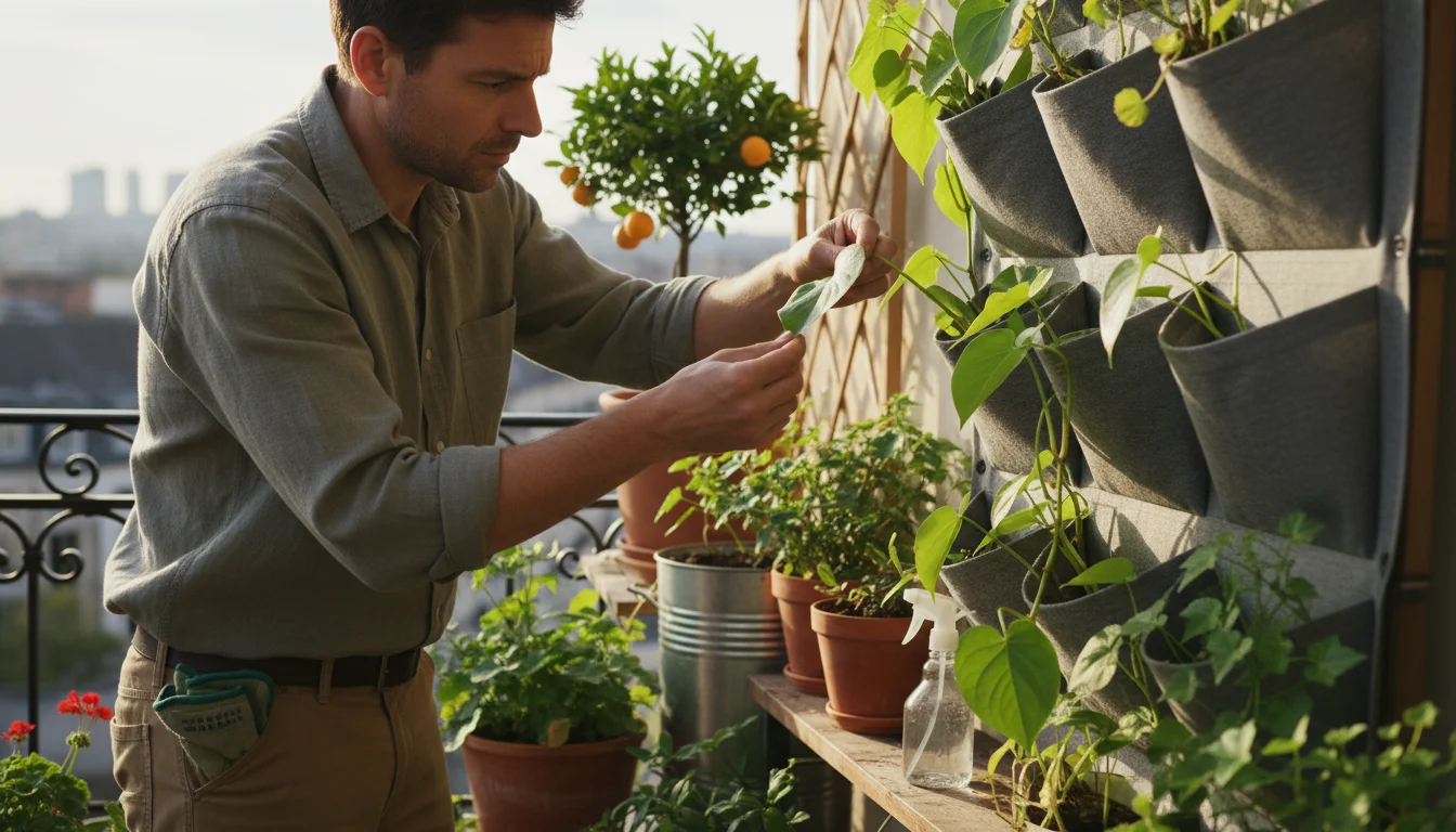 A person closely inspects a leaf on a wall-mounted vertical garden on a balcony, checking for pests. A spray bottle is nearby.