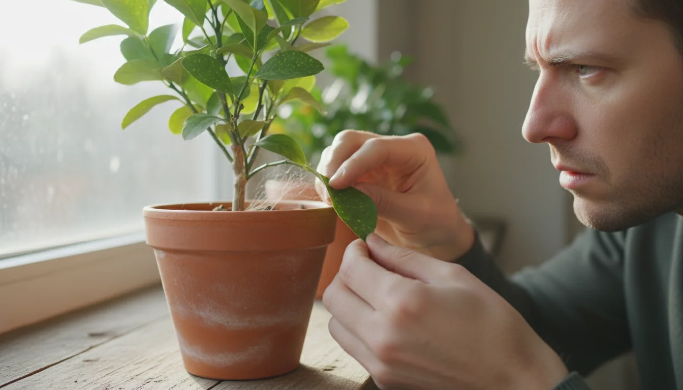 A person closely inspects a potted lemon tree leaf, revealing subtle spider mite webbing and stippling under diffused indoor light.