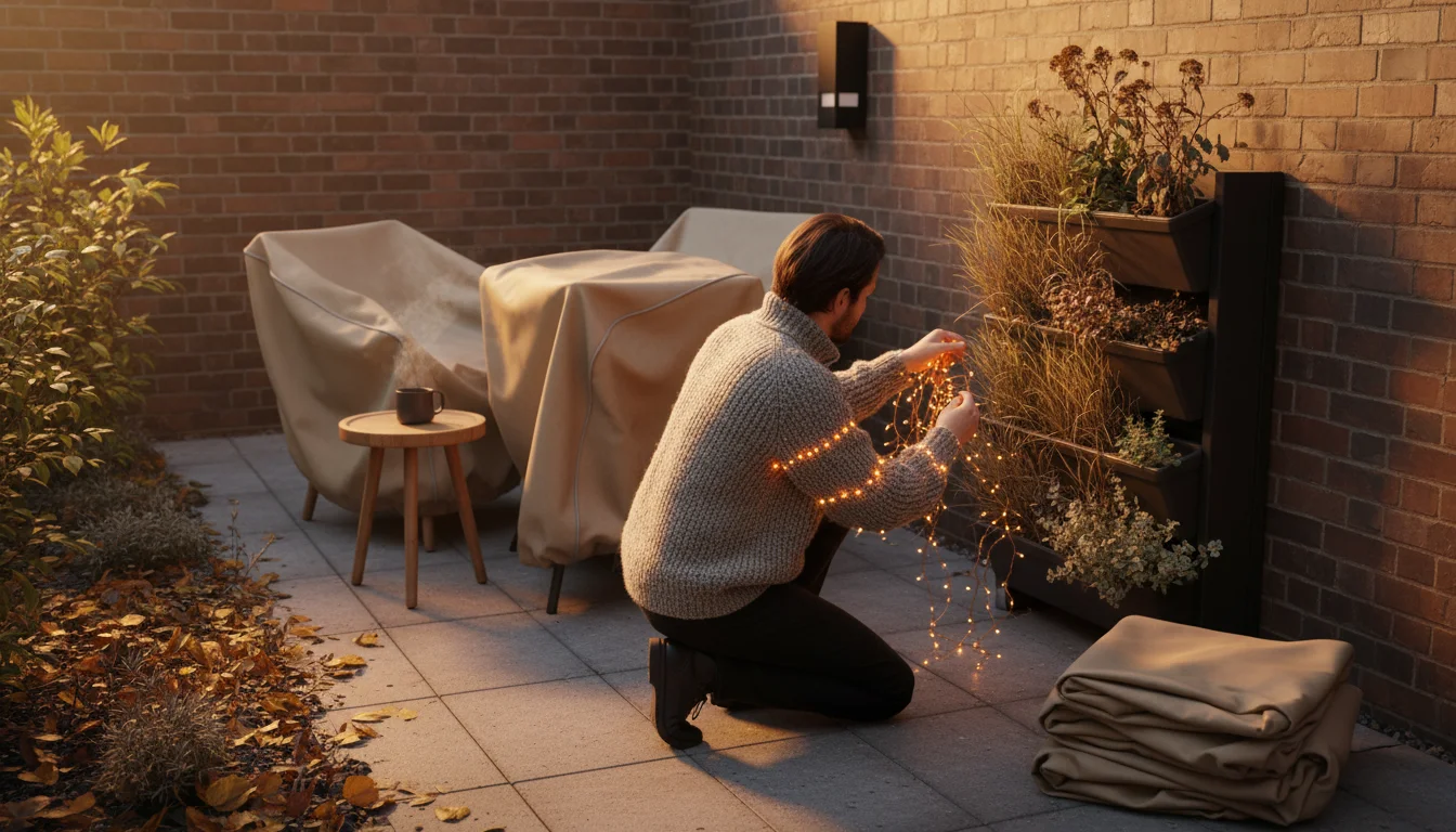 Person carefully coiling delicate solar string lights from a vertical planter on a small patio, with a covered wall sconce visible.