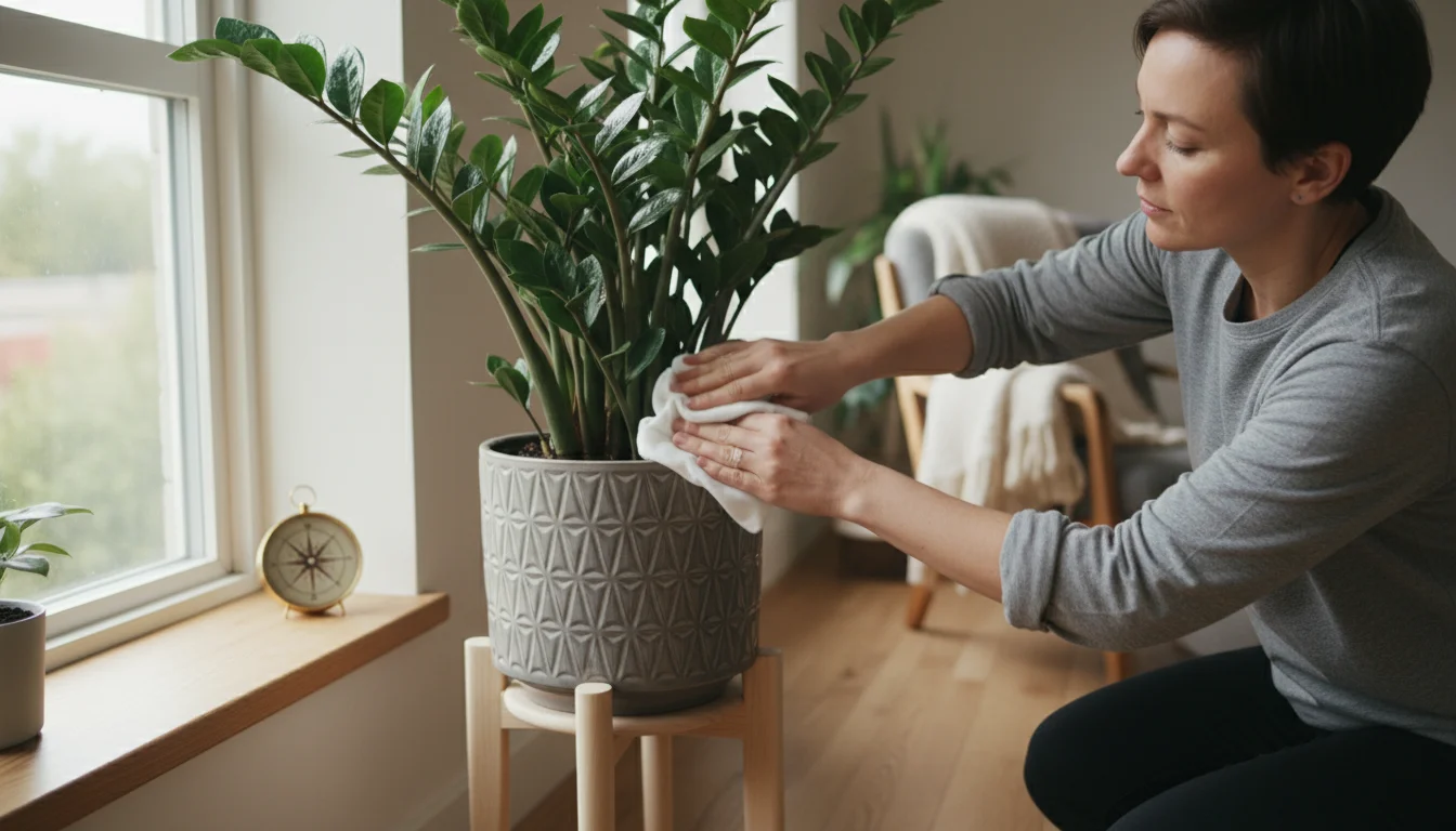 Person in a comfortable shirt gently wipes dust from a glossy ZZ plant leaf on a wooden stand near a window, surrounded by other plants.