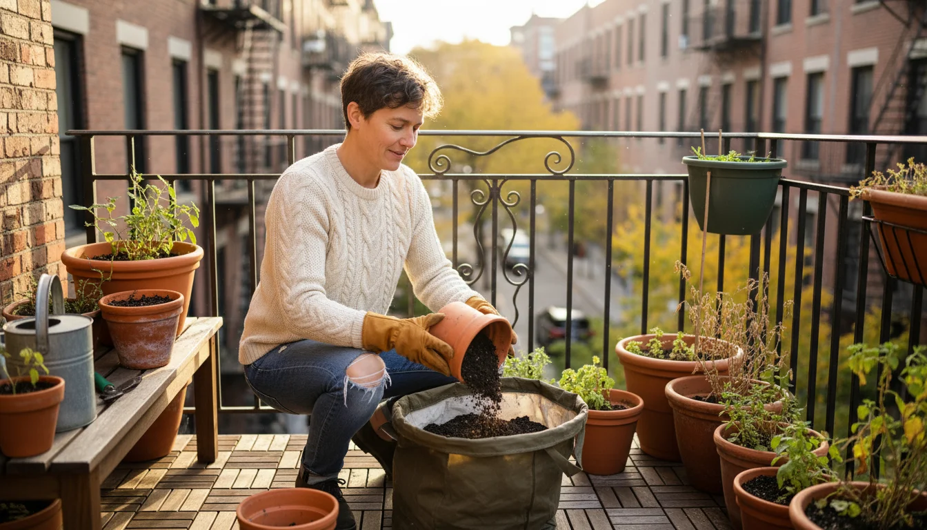 Person comfortably emptying spent soil from a terracotta pot into a bag on an urban balcony during warm autumn late afternoon light.