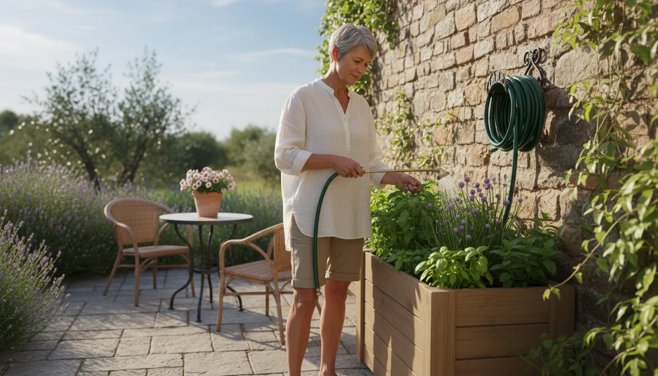 Person comfortably waters waist-high herb planter on a patio; nearby tap with coiled hose for easy access.
