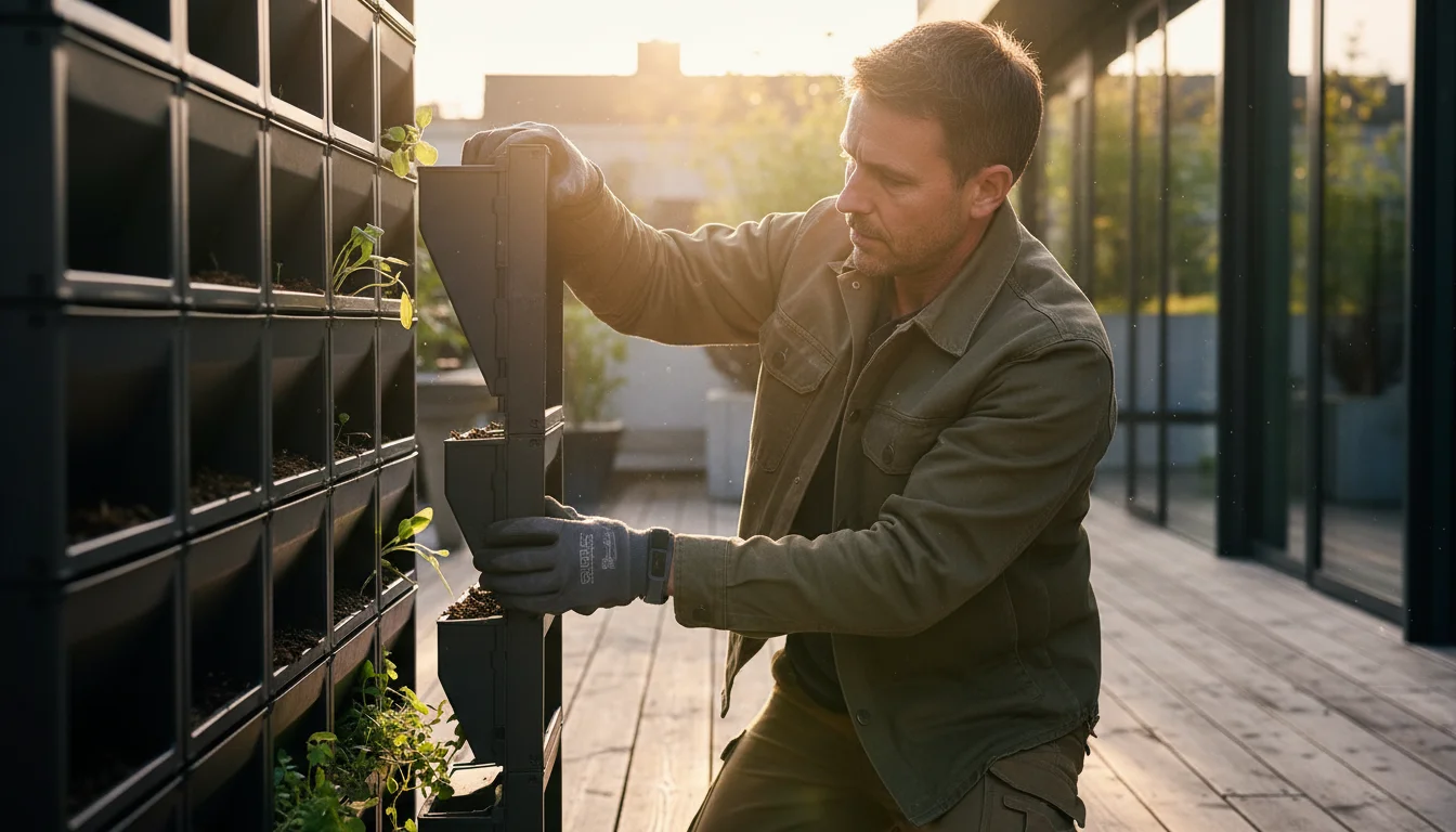 A person connects two dark grey modular vertical garden panels on a sunny patio, assembling the system with focused hands.