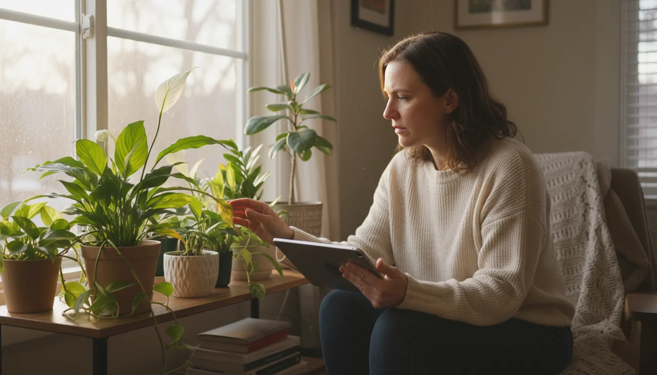 Person consulting a tablet while observing a slightly yellowing peace lily amidst other potted houseplants by a window.