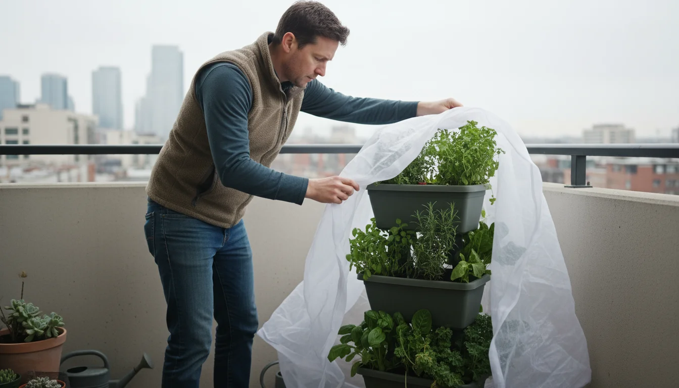 Person covering a three-tiered vertical garden planter with a frost cloth on a compact balcony on a cool, overcast day.